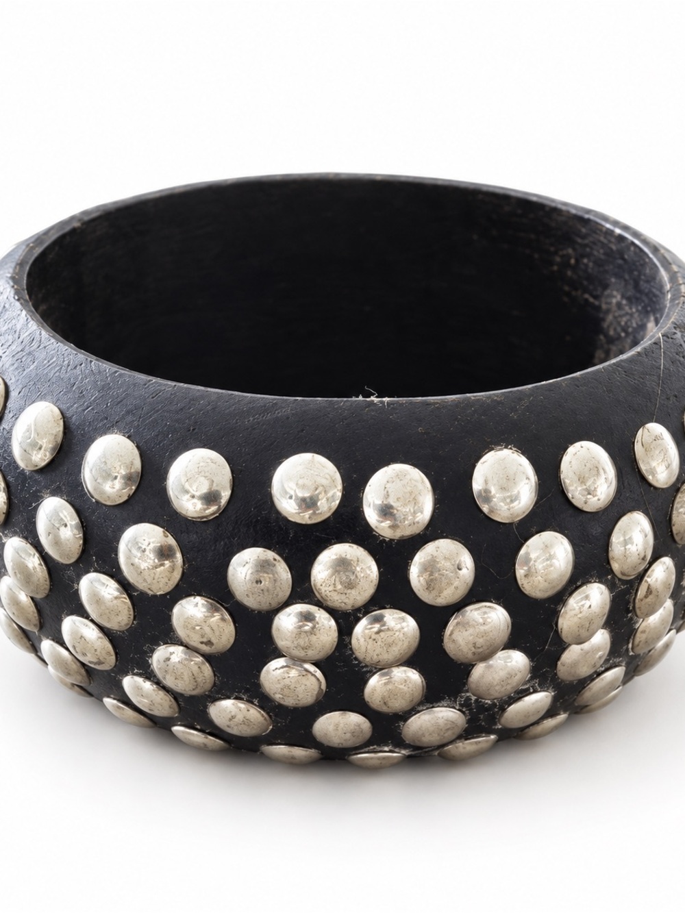 Vintage Brown Wood Bangle Bracelet Silver-Tone Studs India OOAK